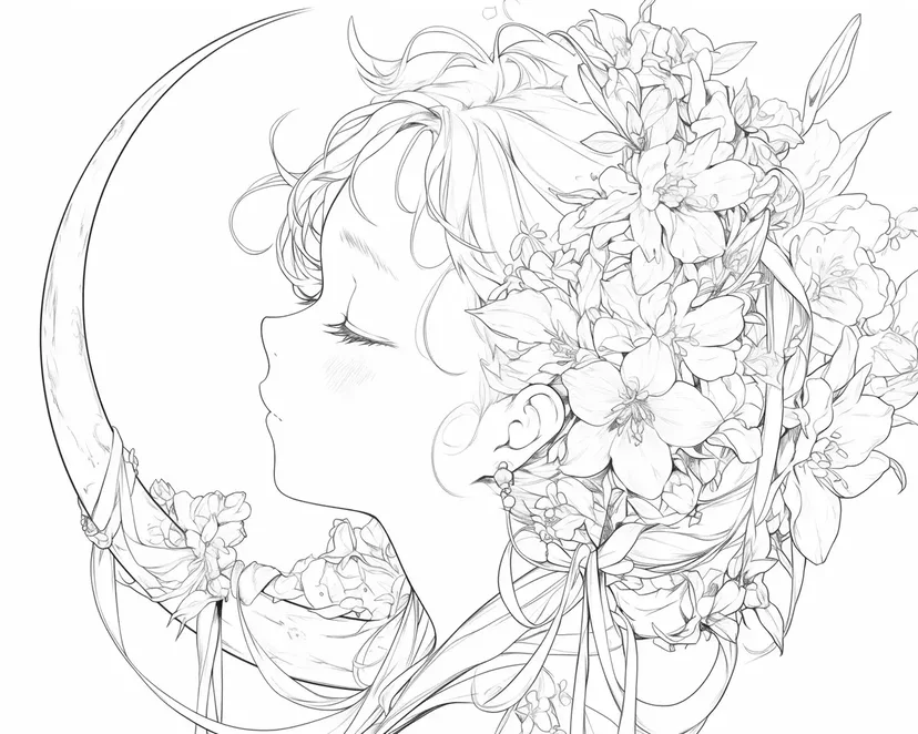 Coloriage Fille Épanouie au Clair de Lune