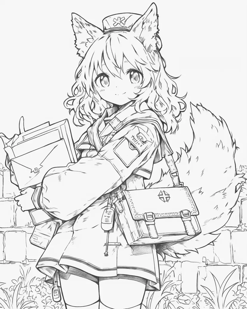 郵便配達の狐少女の塗り絵
