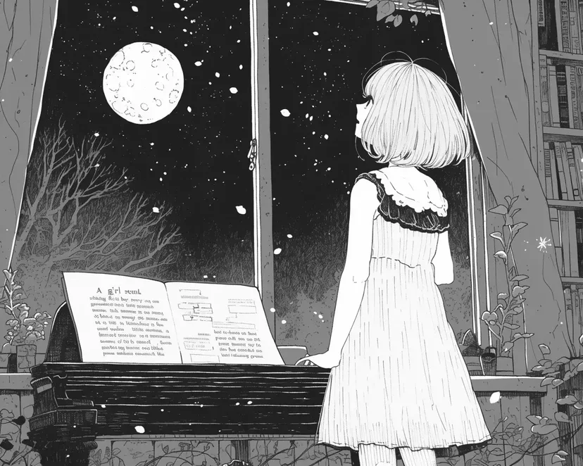 Girl Gazing at the Full Moon coloring page