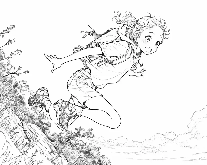 山を駆け下りる冒険少女の塗り絵