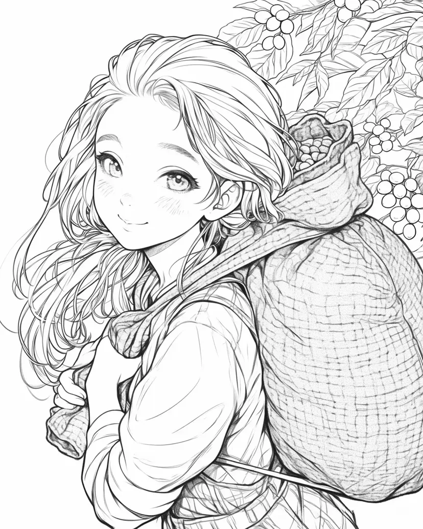 Desenho de Menina na Fazenda de Café para colorir