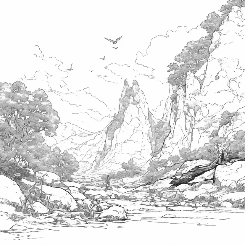 静かな渓谷の風景の塗り絵