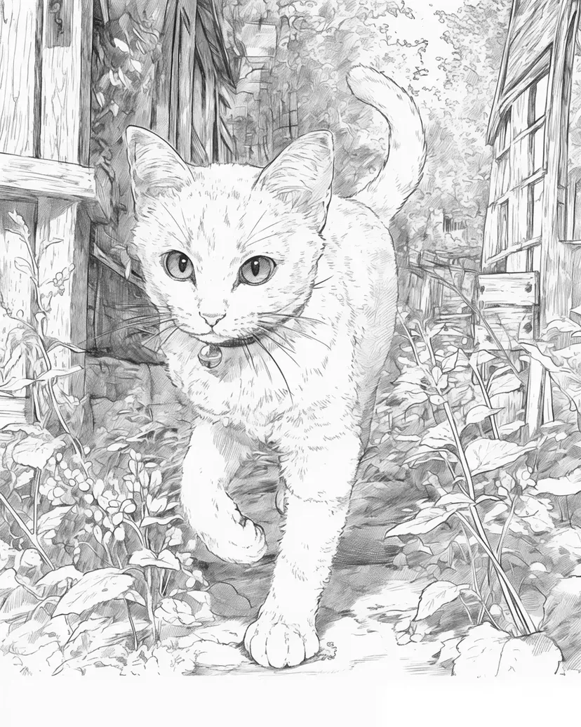 Dibujo de Gato Caminando en el Jardín para colorear
