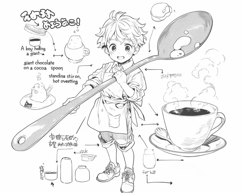 Coloriage Garçon avec une Cuillère Géante