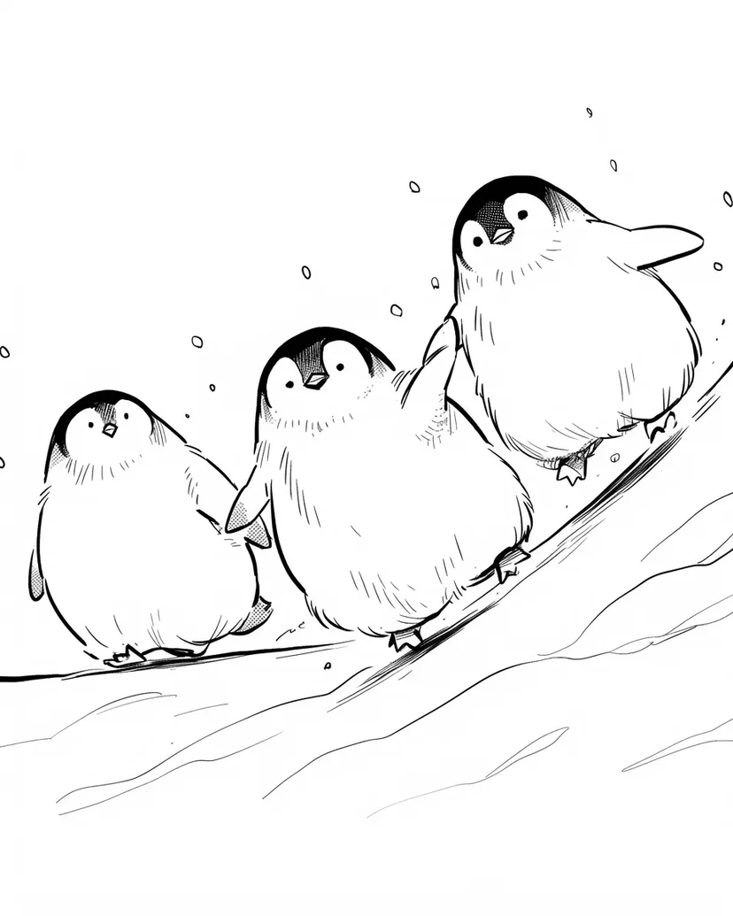 ペンギンの雪滑りの塗り絵