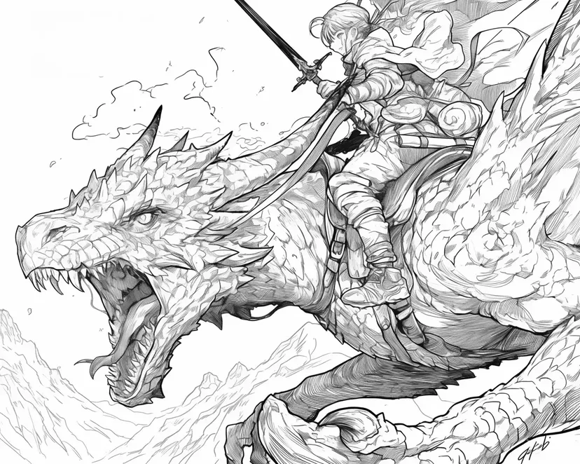 Warrior Riding a Dragon coloring page