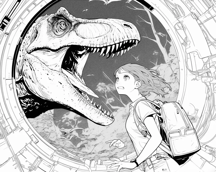 タイムマシンと恐竜の出会いの塗り絵
