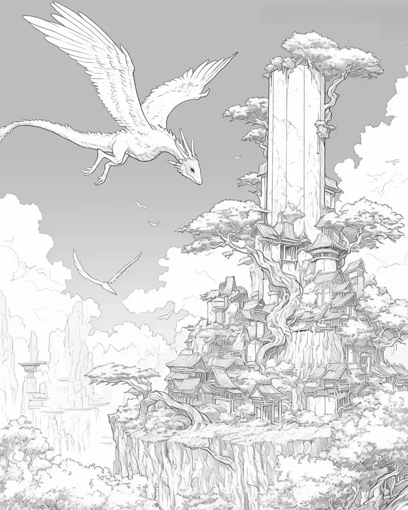 Gambar mewarnai Naga Langit dan Kastil Melayang