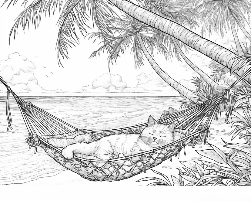 Cat Relaxing on the Beach coloring page