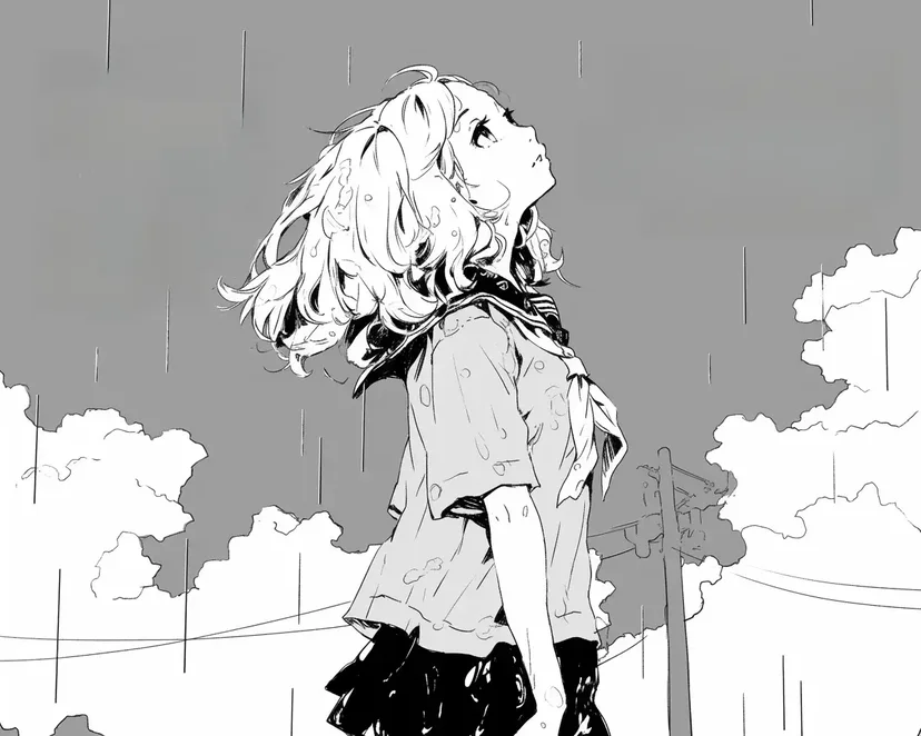雨中的女孩涂色页