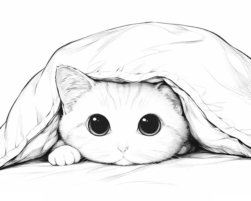 好奇的猫咪从毯子下探出头涂色页