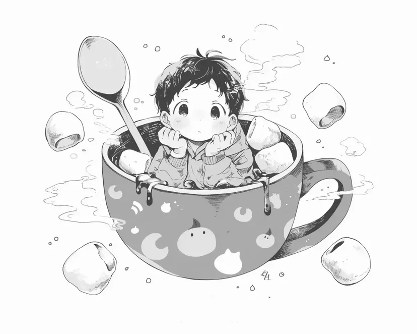 マグカップの中の小さな男の子の塗り絵