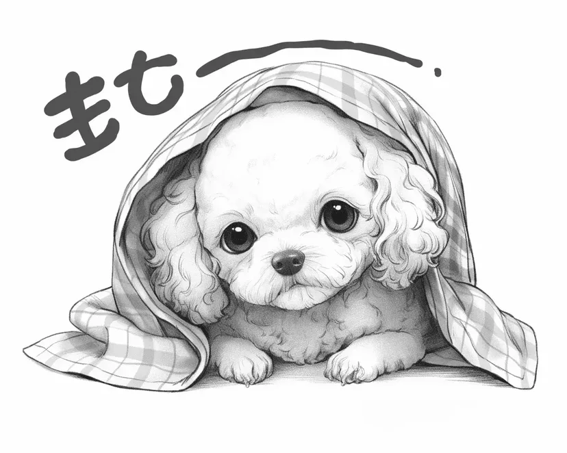 Desenho de Pequeno Poodle Envolto em Cobertor para colorir