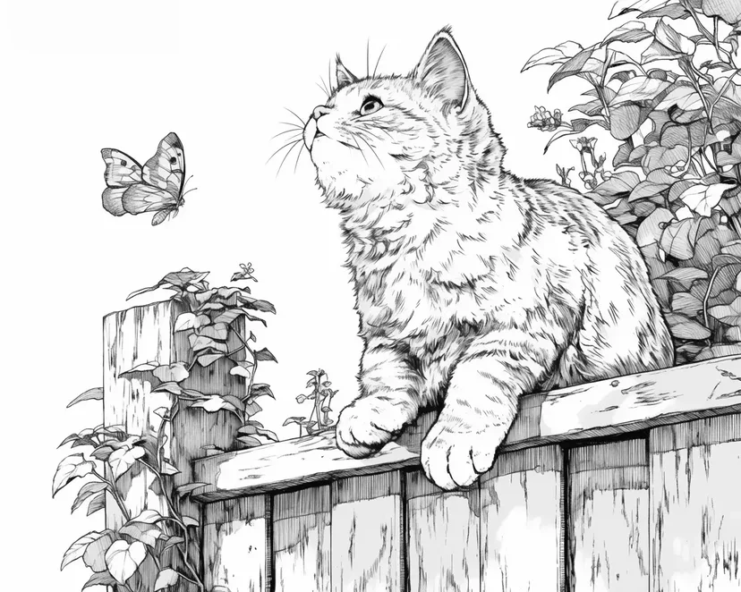 Gambar mewarnai Kucing Penasaran di Pagar