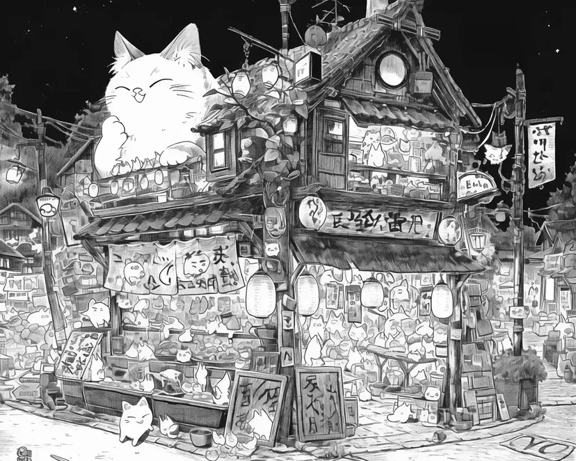 月光猫市场涂色页