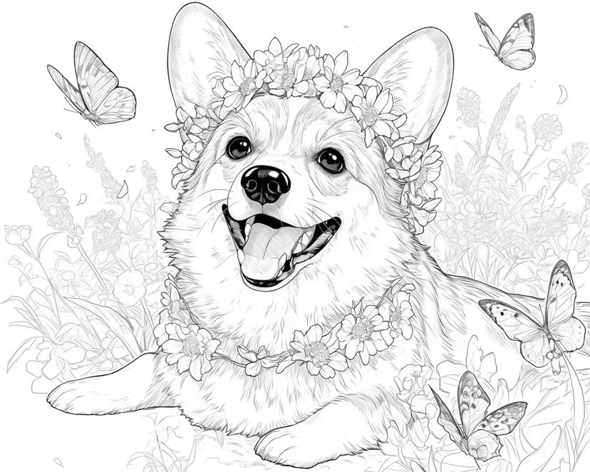 戴花冠的快乐柯基犬涂色页