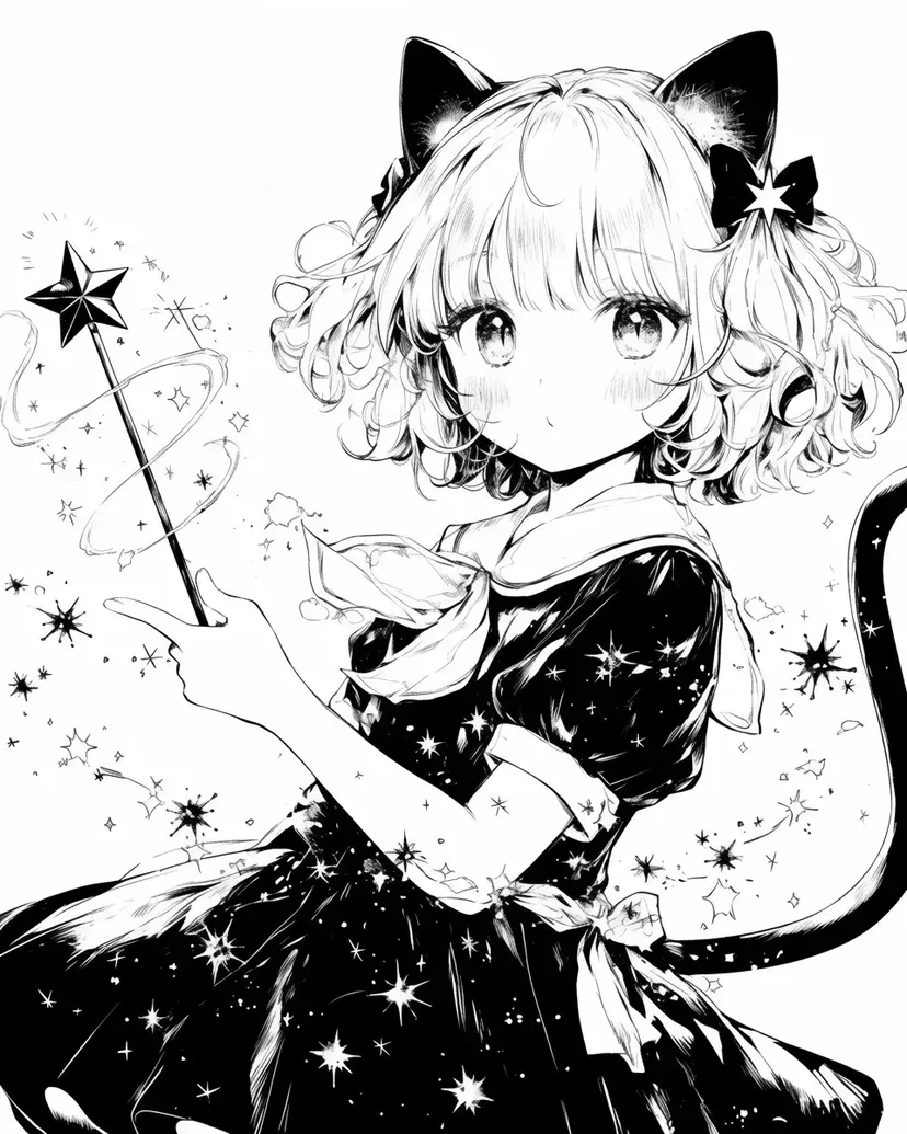 Magical Night Black Cat Girl coloring page