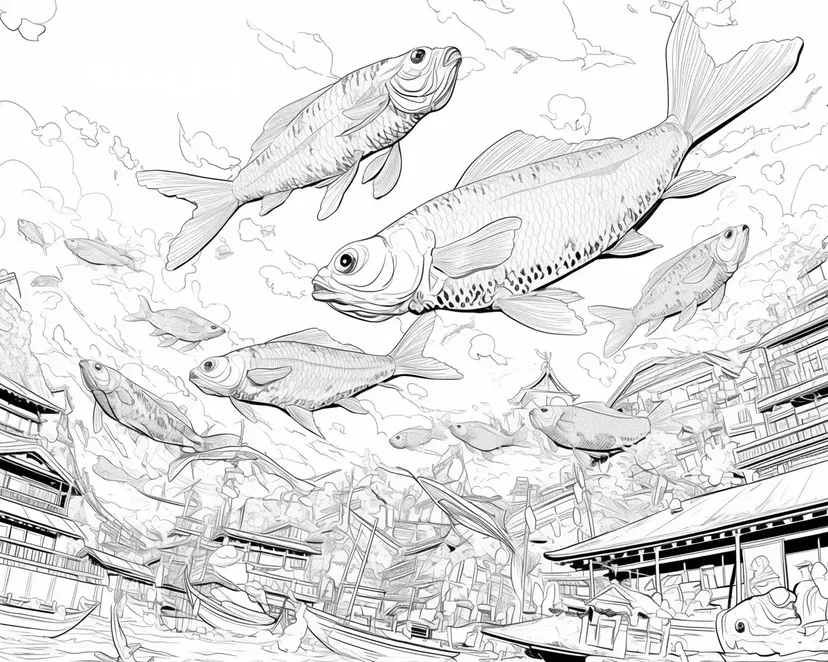 空を泳ぐ魚の街の塗り絵