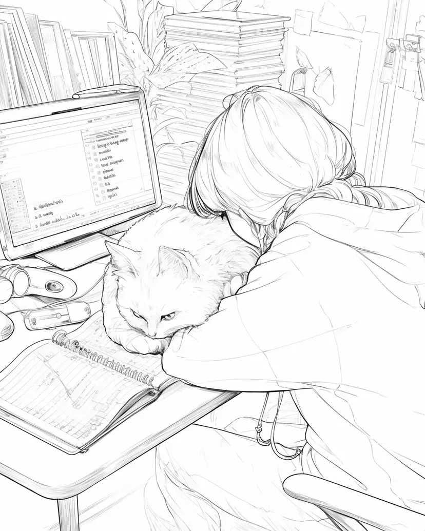 Dibujo de Gato y Chica Relajándose en el Escritorio para colorear