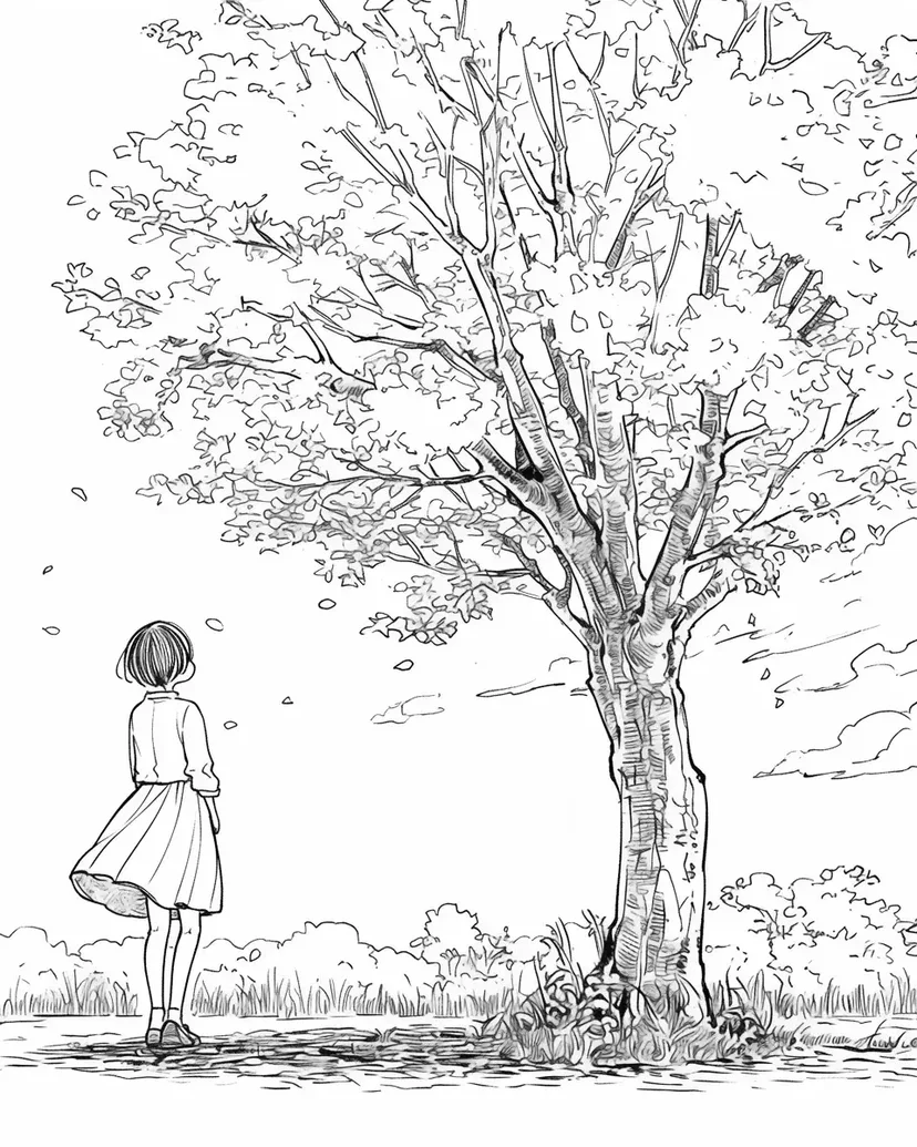 树下的女孩涂色页