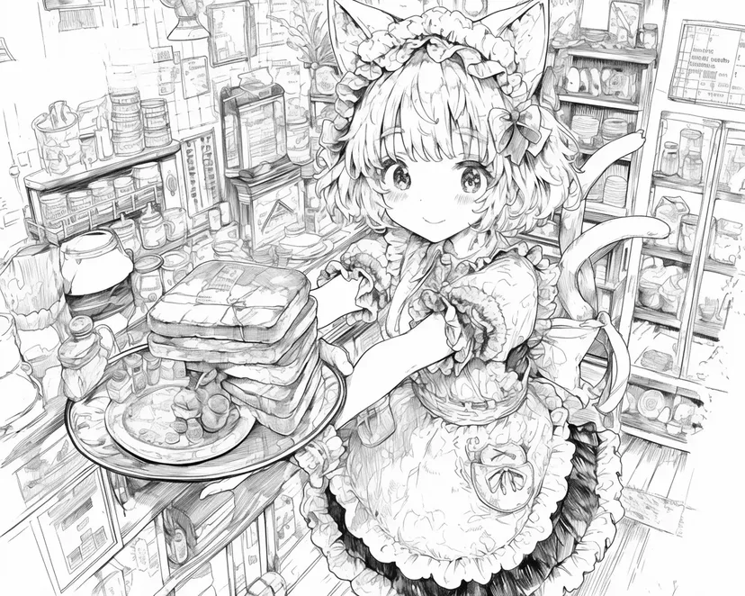 猫耳女仆的煎饼送餐涂色页