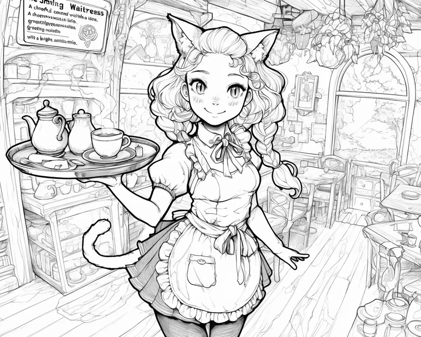Cat-Eared Cafe Waitress coloring page