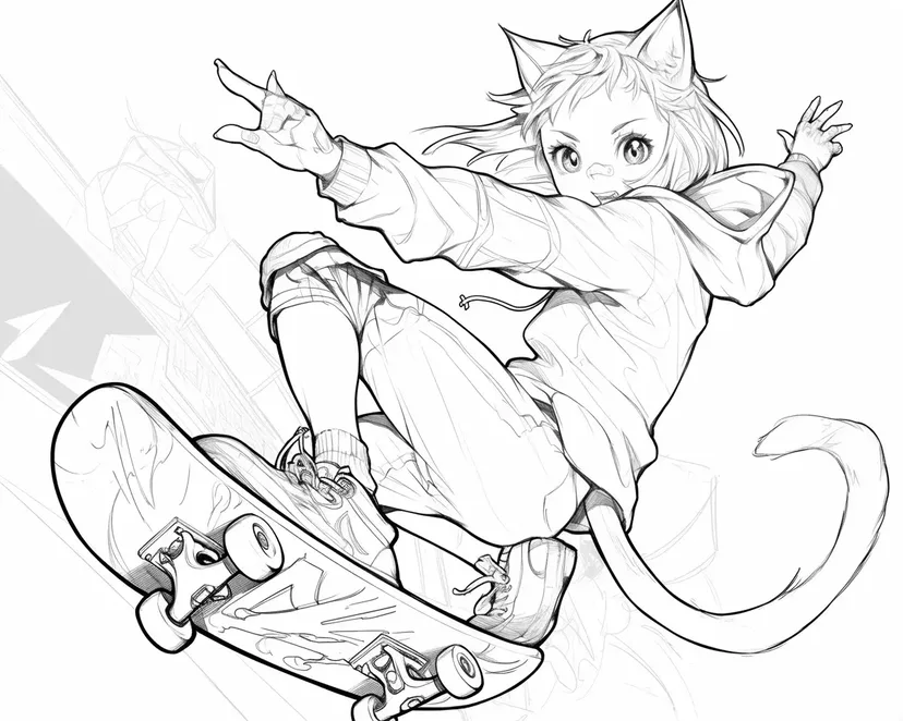 Dibujo de Chica de orejas de gato en patineta para colorear