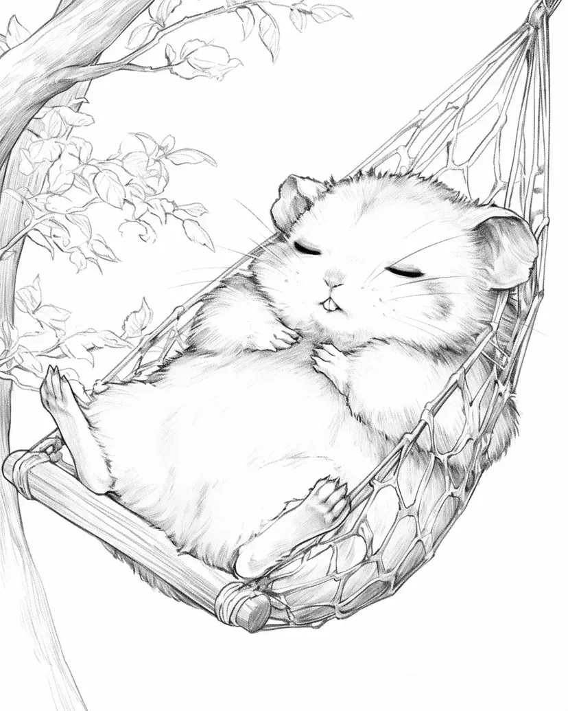 ハンモックでお昼寝ハムスターの塗り絵