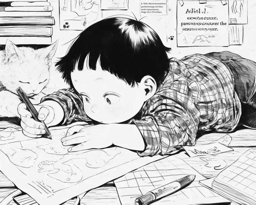 Desenho de Menino Desenhando com Gato para colorir