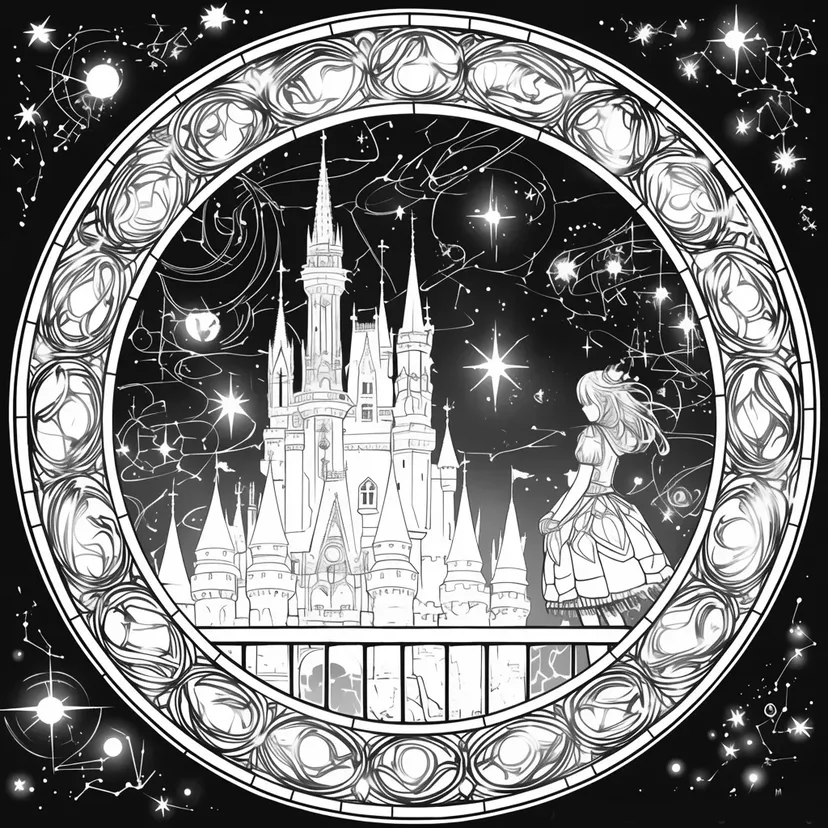 魔法の城と星空の塗り絵