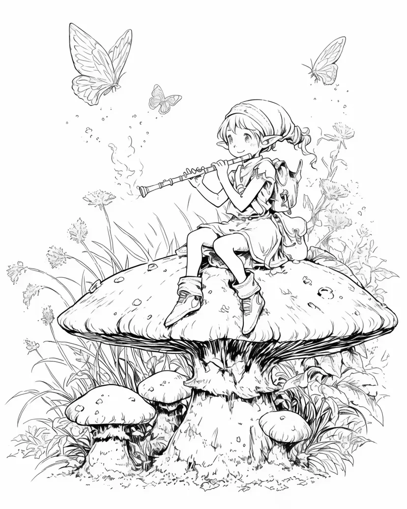 Desenho de Pequena Fada em um Cogumelo para colorir