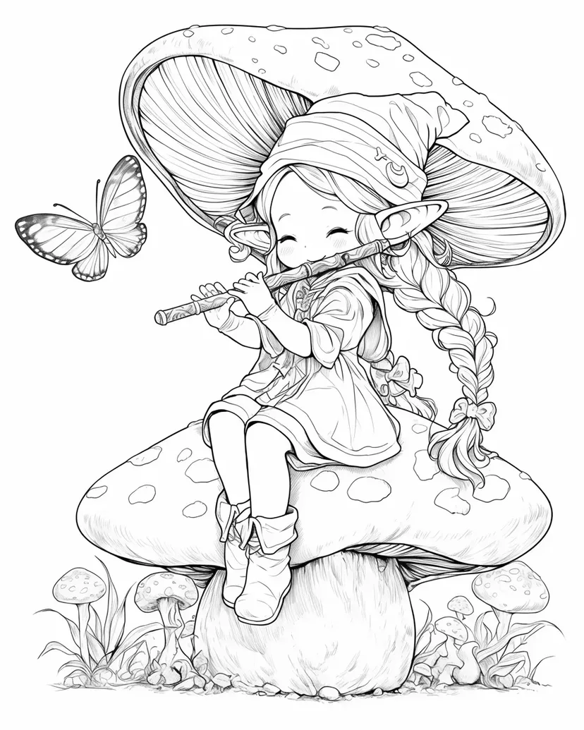 キノコの上の妖精の塗り絵