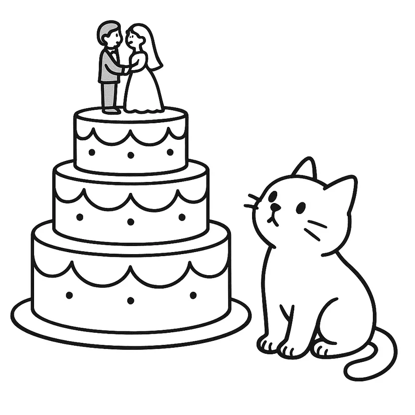Dibujo de Pastel de Boda y Gato para colorear