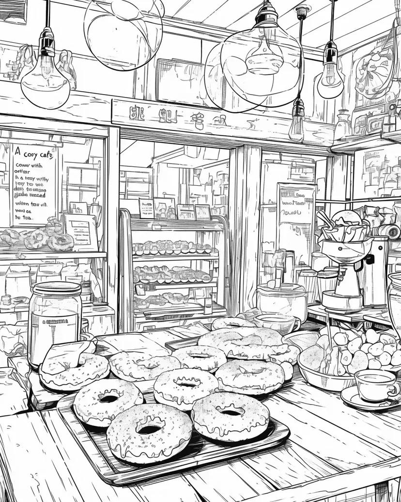 A Cozy Café with Donuts coloring page