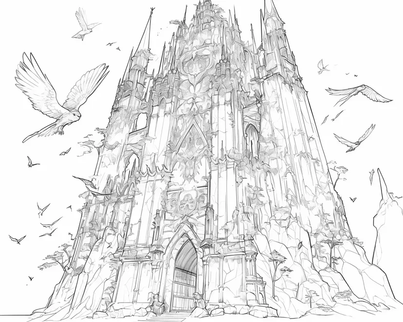 空を舞う魔法の塔の塗り絵