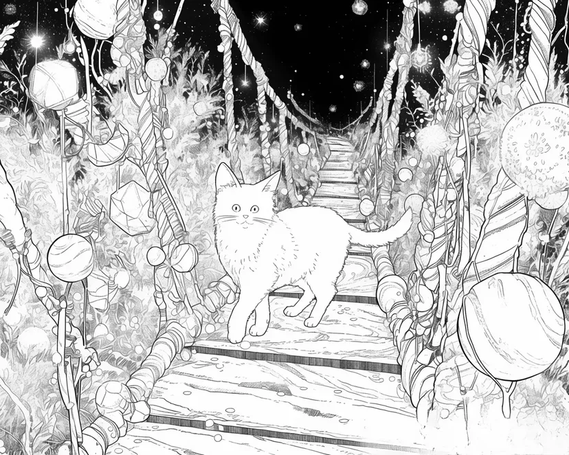 Desenho de Gato Atravessando a Ponte Estrelada para colorir