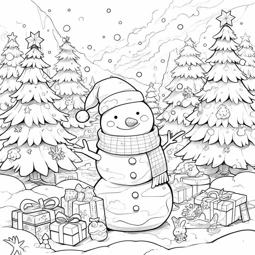 冬の森と雪だるまの塗り絵
