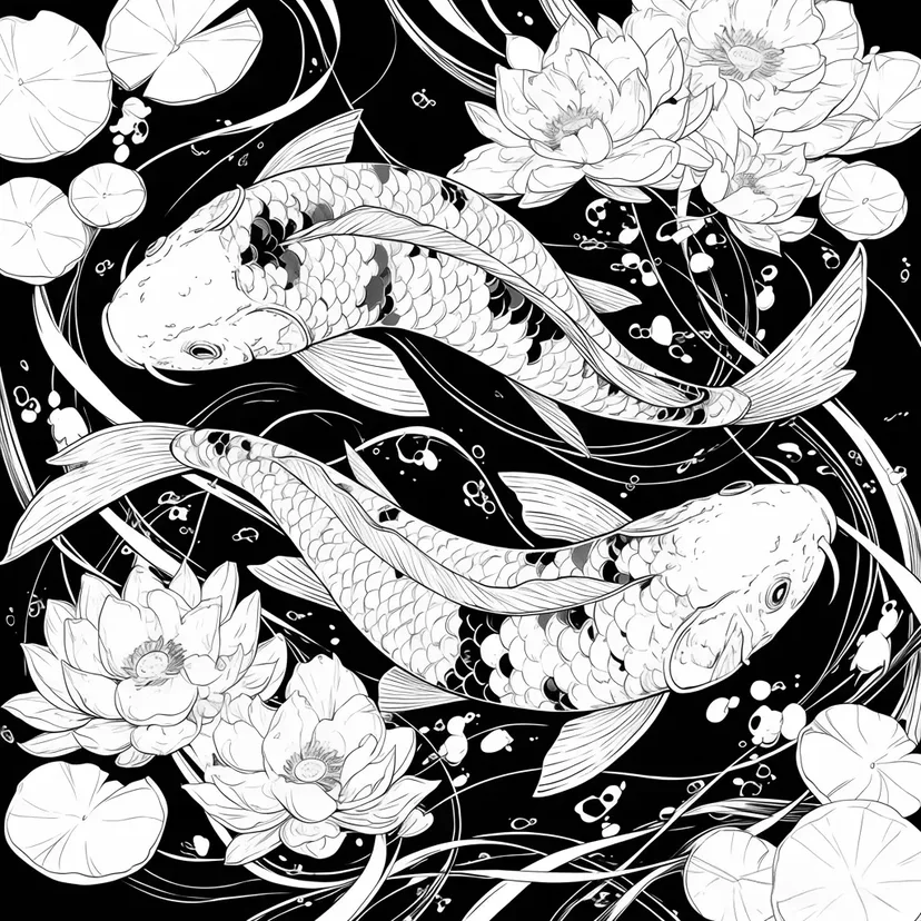 華麗な錦鯉の舞の塗り絵