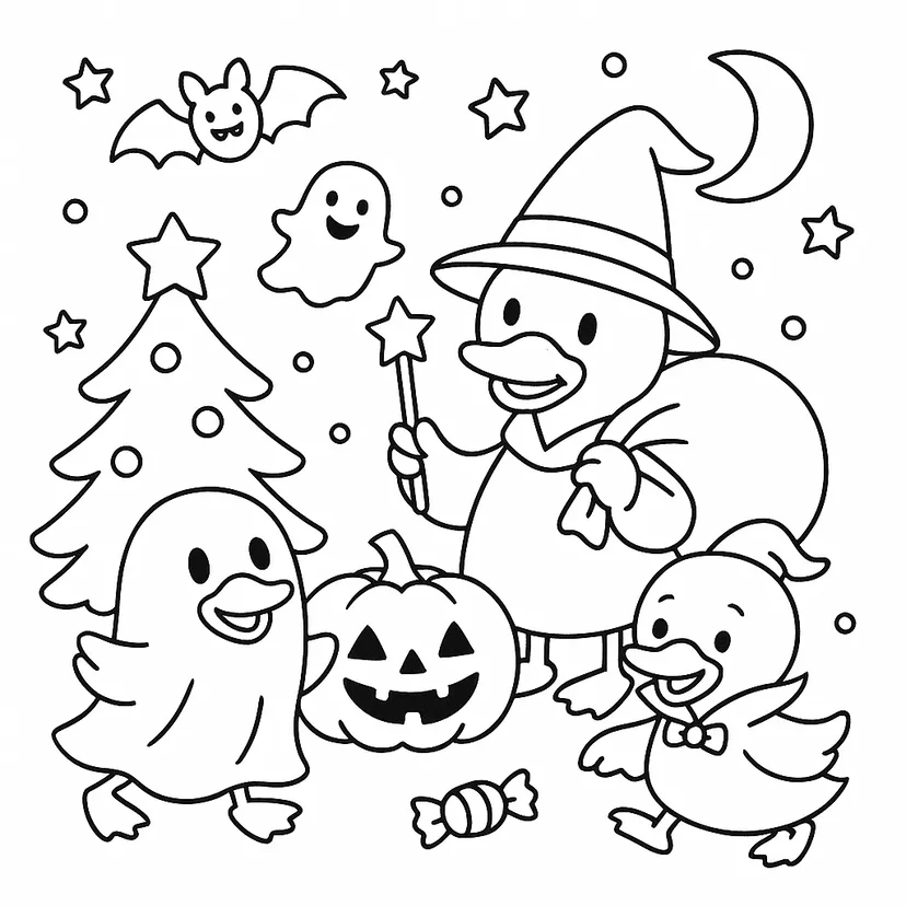 Dibujo de Divertidos Patos de Halloween para colorear