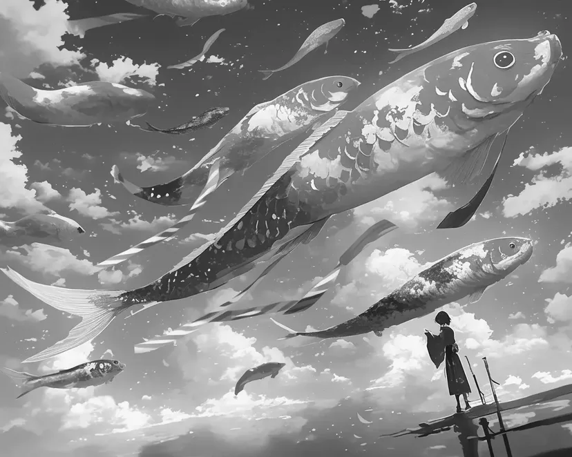 空を泳ぐ鯉のぼりの塗り絵