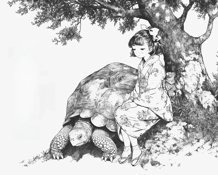 亀と少女の静かなひとときの塗り絵