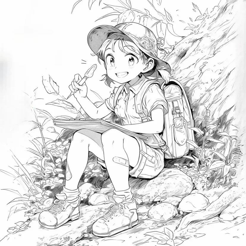森でスケッチを楽しむ少年