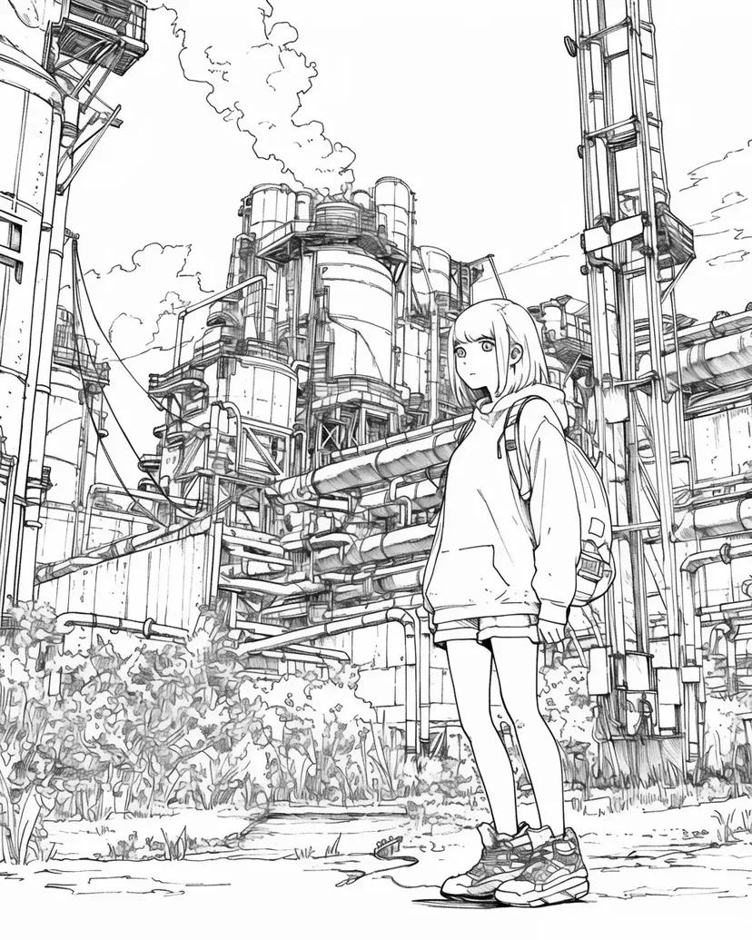 未来の工場と少女の塗り絵