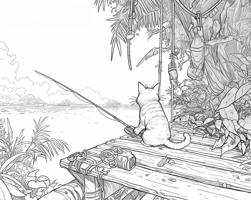 Desenho de A Aventura de Pesca do Gato para colorir