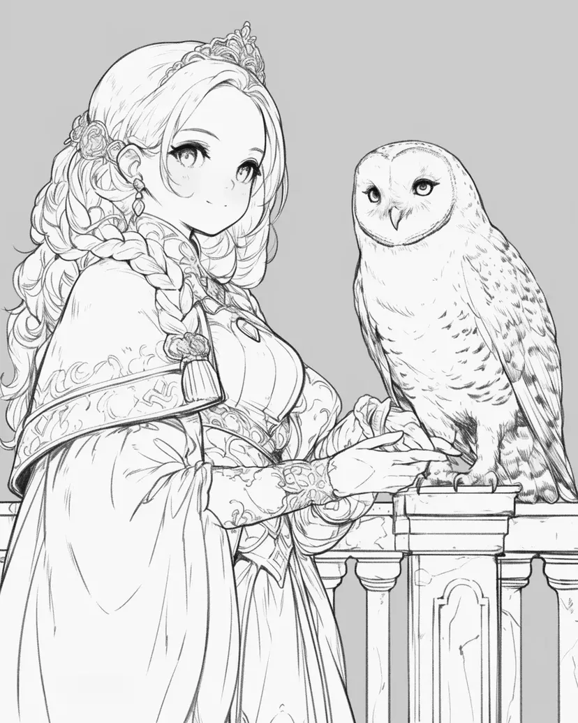 Desenho de Tempo Elegante com a Coruja e a Princesa para colorir