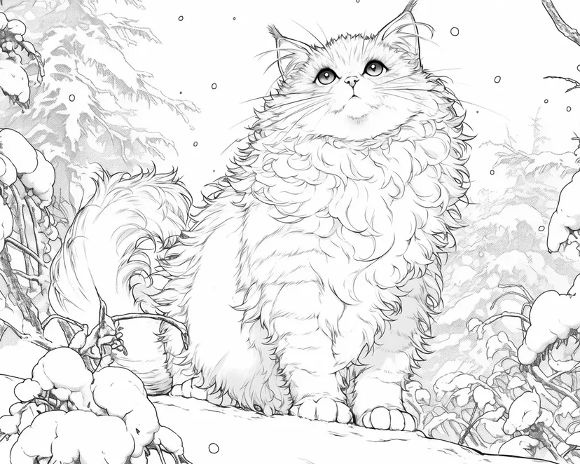 雪の中のふわふわ猫の塗り絵