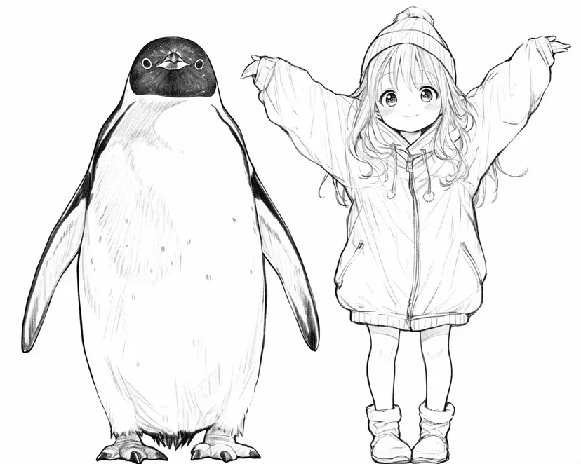 Gambar mewarnai Persahabatan Penguin dan Gadis