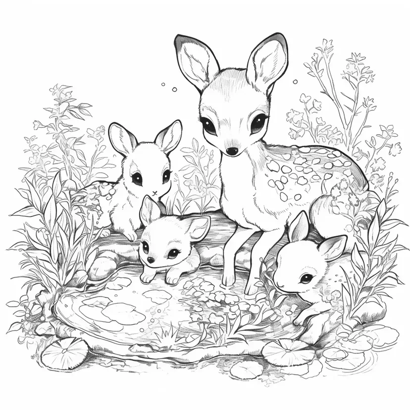 Desenho de Fofos Cervos na Floresta para colorir