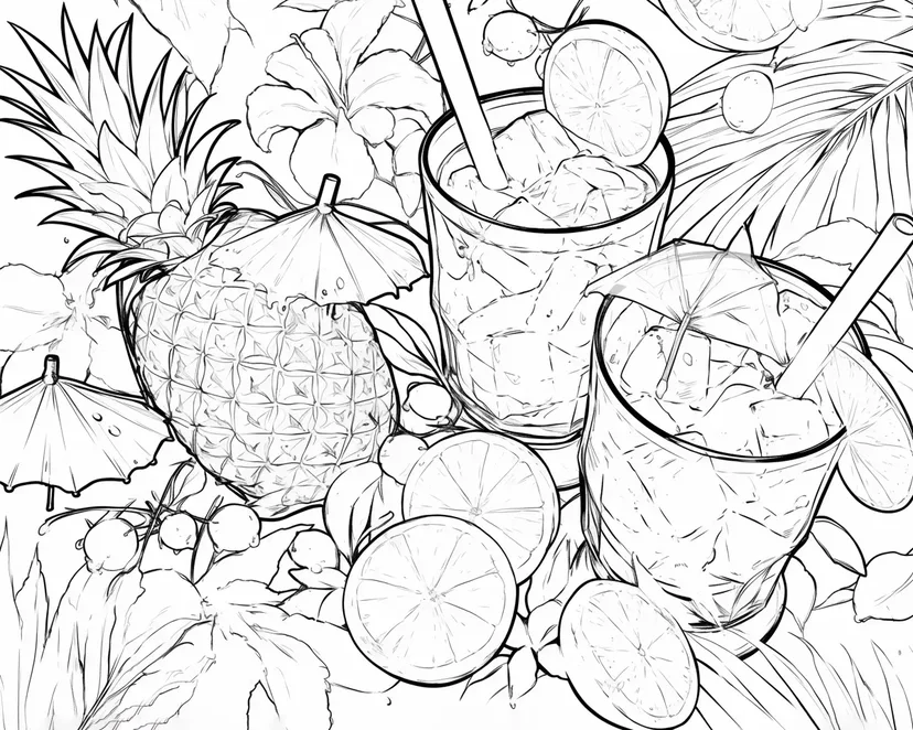 Tropical Drinks and Pineapple coloring page