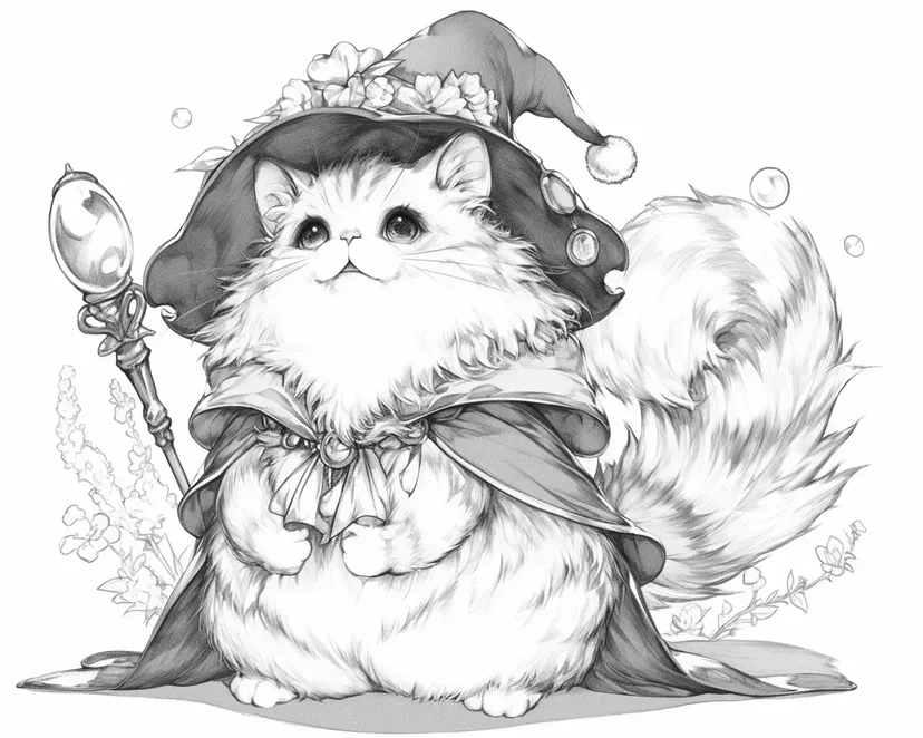 戴魔法帽的绒毛猫涂色页